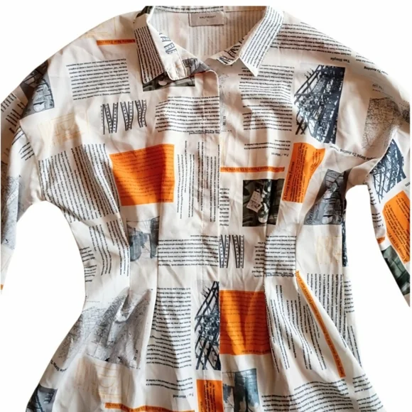 HALFHEART Shirt Dress Newspaper Print Button Down White Orange Gray LARGE - Picture 4 of 9